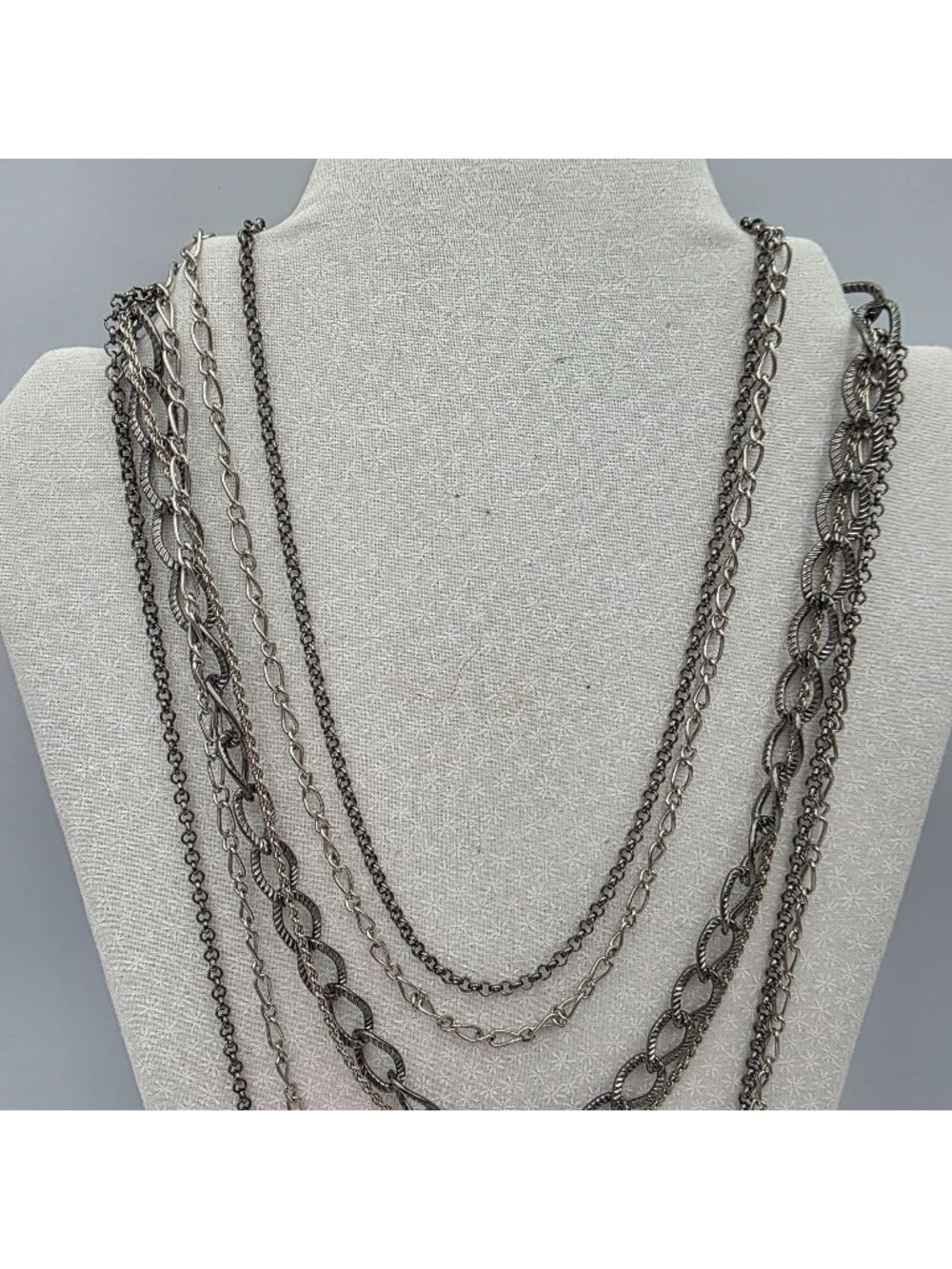 Multi-Layered Silver-Tone Chain Necklace With Heart Pendant & Rhinestone Accents